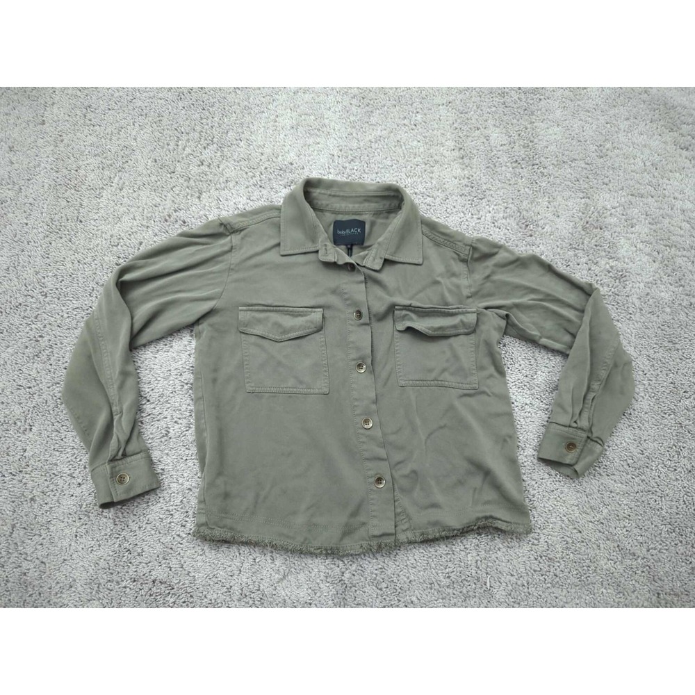 bobi Black Button Up Shirt Womens XS Green Utility Frayed Hem Cropped Oversized